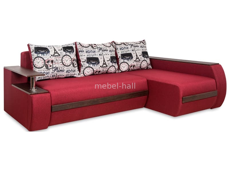 Угловой диван Токио с нишей в подлокотнике и выдвижным баром принты на подушках 